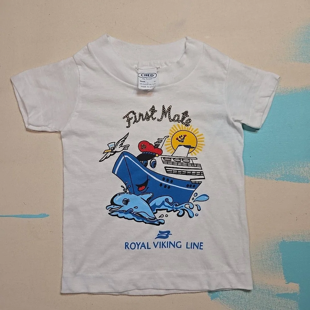 VTG Royal Viking Line Youth XS First Mate Single Stitch T-Shirt Wht USA Ship 80s